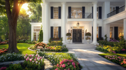 Obraz premium classic white house with elegant columns, surrounded by vibrant flower gardens and lush greenery, creating serene and inviting atmosphere