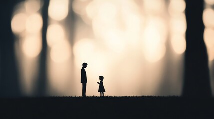 Silhouette of father and daughter in forest at sunset.