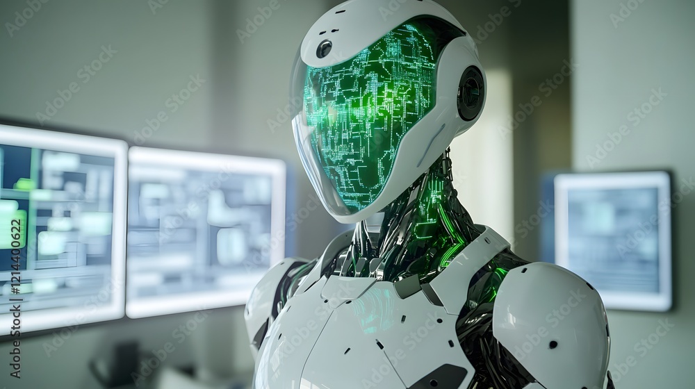 Poster advanced robot displays green circuitry in its helmet