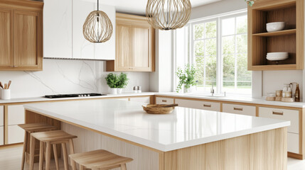 Clean and elegant kitchen design with white quartz countertops, wooden cabinets, and natural light. perfect blend of style and functionality for modern living