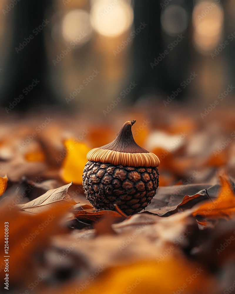 Poster close-up of a detailed acorn surrounded by vibrant autumn leaves in a forest setting