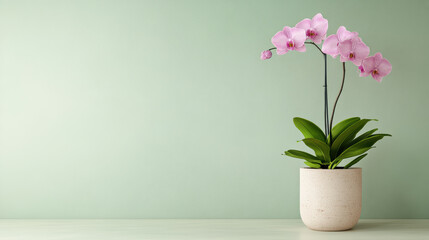Fototapeta na wymiar beautiful purple orchid in pot against light green background