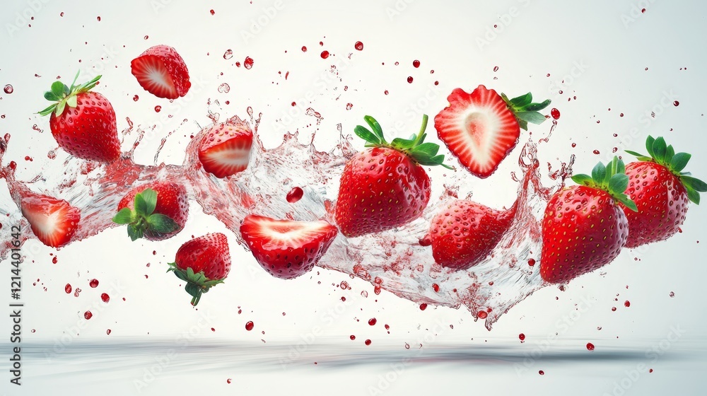 Poster fresh strawberries splashing in water creating dynamic visual effects