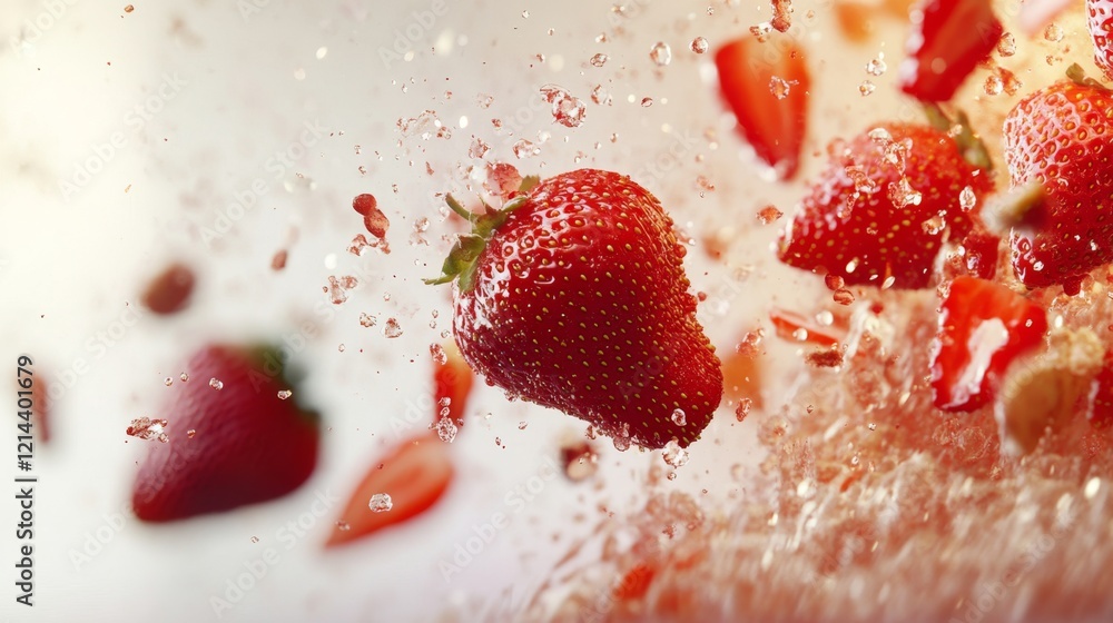 Poster fresh strawberries splashing in water with dynamic movement effect
