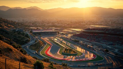 Sunset Racetrack Aerial, City, Mountains, Event