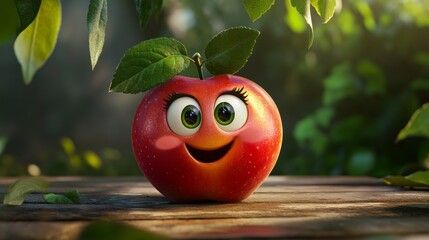 Happy cartoon apple with big green eyes and leaves resting on a wooden surface in a natural outdoor setting
