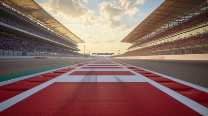 Sunset race track start line, packed stands