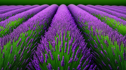 Obraz premium Aerial view of symmetrical lavender fields with vibrant purple flowers and green foliage, creating serene and calming landscape