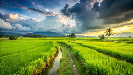 Fototapeta premium Lush Green Rice Paddy Fields Viewed from a Country Road on a Cloudy Day - Macro Photography