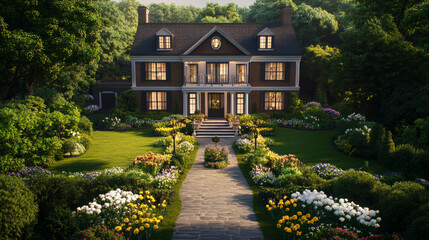 Obraz premium beautiful colonial house with symmetrical windows surrounded by vibrant gardens and stone path leading to entrance, creating serene and inviting atmosphere
