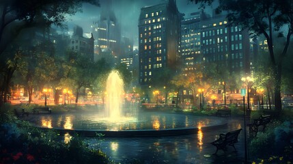 Fototapeta premium Night City Park Fountain Urban Oasis Tranquil Evening Scene