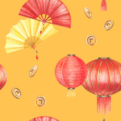 Chinese red lantern, hand fans and gold coins seamless pattern watercolor illustration on gold yellow background for Chinese new year design, textile, wrapping paper. Hand drawn illustration for Asian