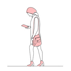 Line art of a fashionable woman looking at her phone. Elegant minimalist style, perfect for tech, fashion, or lifestyle designs. Ideal for apps, magazines, or promotional material.