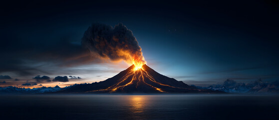 Erupting volcano lava flow tropical island nature scene nighttime environment aerial view natural disaster impact
