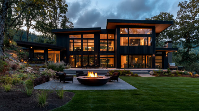 Contemporary black house exterior with large windows and fire pit, surrounded by greenery and trees, creating cozy atmosphere at dusk