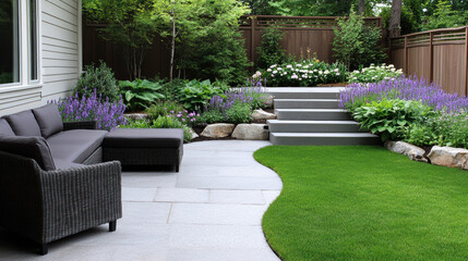 charming garden with colorful flowers, cozy seating, and lush greenery