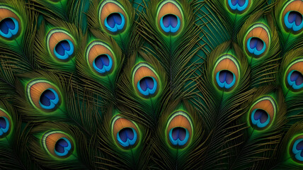 Close up of vibrant peacock feathers showcasing intricate patterns and colors. rich greens and blues create stunning visual display, evoking sense of natural beauty and elegance
