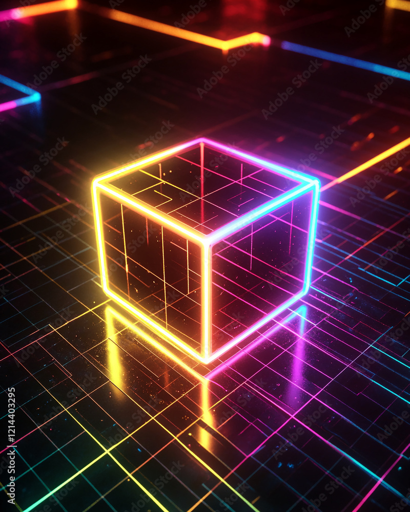 Poster neon glowing cube on a digital grid with vibrant futuristic reflections