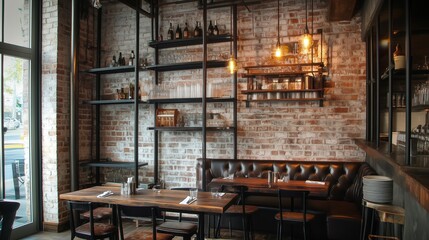A brick wall with shelves and a couch. The room is dimly lit with a few lights on