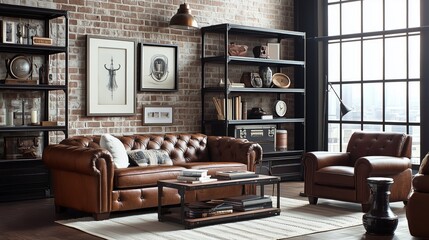 A living room with a brown couch and a chair. The couch is covered in pillows and the chair is brown. There is a coffee table in the middle of the room. The room has a vintage feel with a brick wall