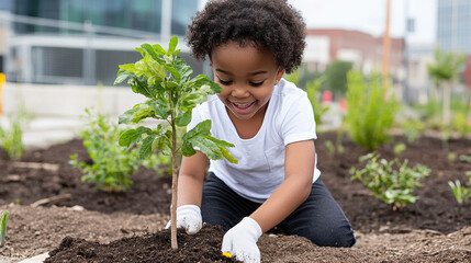child planting tree in community garden, smiling with joy