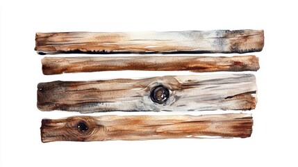 Fototapeta premium Watercolor Illustration of Four Rustic Wooden Planks on White Background