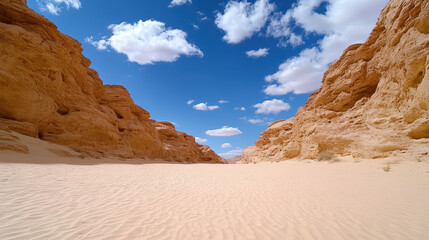 vast desert landscape with sandy terrain and rocky formations under blue sky