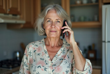 An elderly woman in a floral blouse talking on the phone in a kitchen