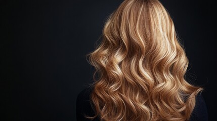 Naklejka premium Back view of a blonde woman with long wavy hair on black background, showing a perfect hairstyle