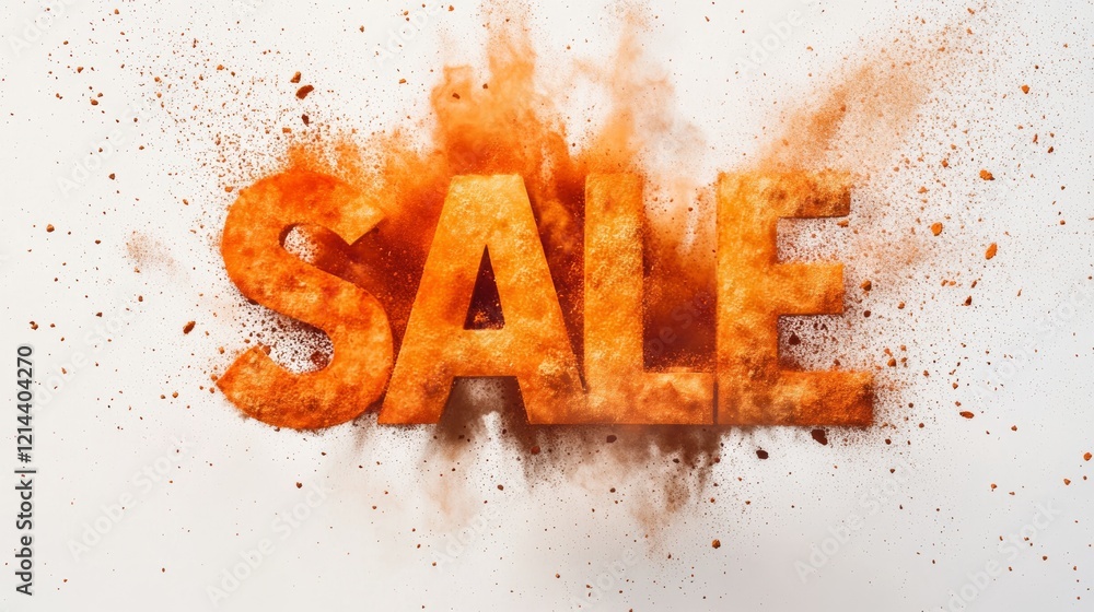 Poster orange powder is exploding from the word sale creating a dynamic visual effect against a white backg