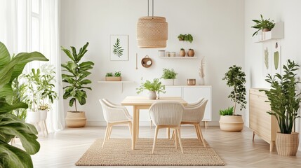 A white room with a table and chairs, and a large potted plant in the corner. The room has a natural and calming atmosphere, with the plants and wooden furniture creating a warm and inviting space