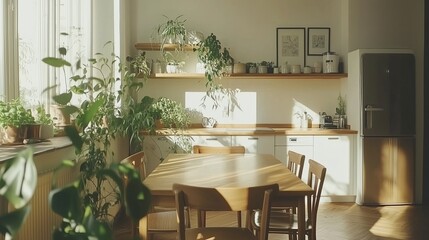 A kitchen with a wooden table and chairs, a refrigerator, and a window with plants. Scene is warm and inviting, with the plants adding a touch of nature to the space