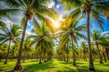 Lush Tropical Coconut Palm Trees with High Depth of Field, Sunny Day