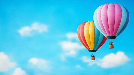 Fototapeta premium Colorful hot air balloons soaring against bright blue sky with fluffy clouds, creating cheerful and vibrant atmosphere