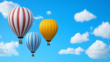Fototapeta premium Colorful hot air balloons floating in bright blue sky with fluffy clouds create cheerful and vibrant scene. balloons feature red, yellow, and blue stripes, enhancing festive atmosphere