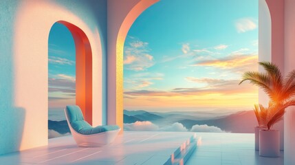 Fototapeta premium Sunset view from a modern chair in a minimalist room