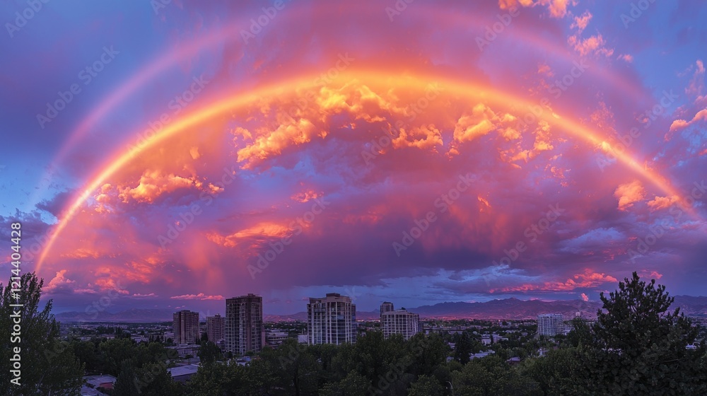 Poster vibrant pink and purple clouds fill the twilight sky, creating a mesmerizing tapestry above the city
