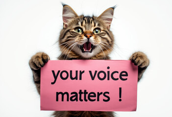 " Your voice matters" :  banner hold by cute kitten isolated on white background. Concept of animals showing motivational or encouraging text messages. 