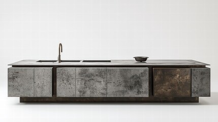 Modern Kitchen Island:  A sleek, minimalist kitchen island design with a unique wood and concrete countertop, featuring a single faucet and a subtle design element, perfect for a contemporary kitchen.