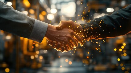 Two businessmen are shaking hands in a factory, making a deal with golden sparks emanating from their hands, symbolizing a successful partnership