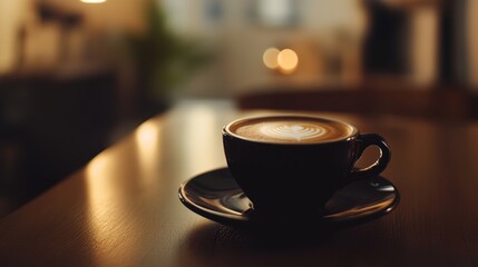 Cappuccino featuring intricate latte design sitting on rustic wooden surface in cozy coffee shop