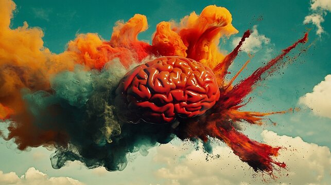 Exploding brain in colorful ink clouds.