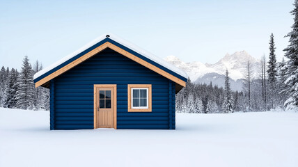 Cozy winter chalet with snowy mountain view, surrounded by serene nature. blue wooden cabin features wooden door and window, creating peaceful retreat in snow