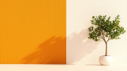 Obraz premium Minimalist indoor plant, orange wall, sunlight shadow. Home decor, design inspiration