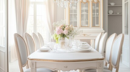 A large dining table with a floral centerpiece and a chandelier above it. The table is set with plates, glasses, and silverware, and there are several chairs around it. The room has a sophisticated