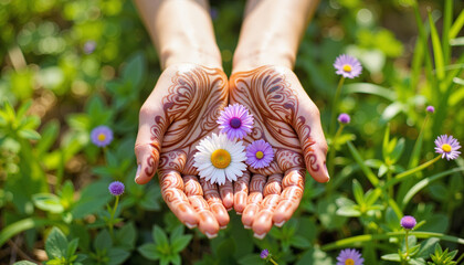 Henna hands cradling wildflowers in lush meadow, nature's beauty