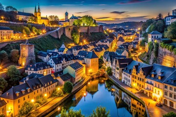 Obraz premium Luxembourg City, Europe Quarter: Night Lights Long Exposure Photography