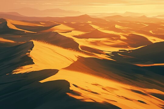 Golden sunset over vast desert landscape, dunes stretching to distant mountains
