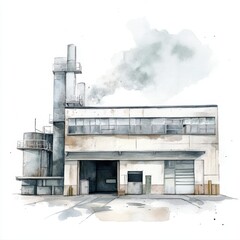 Obraz premium Watercolor Clipart of Industrial Factory Building with Loading Dock and Smoke Emissions, Ideal for Digital and Print Designs