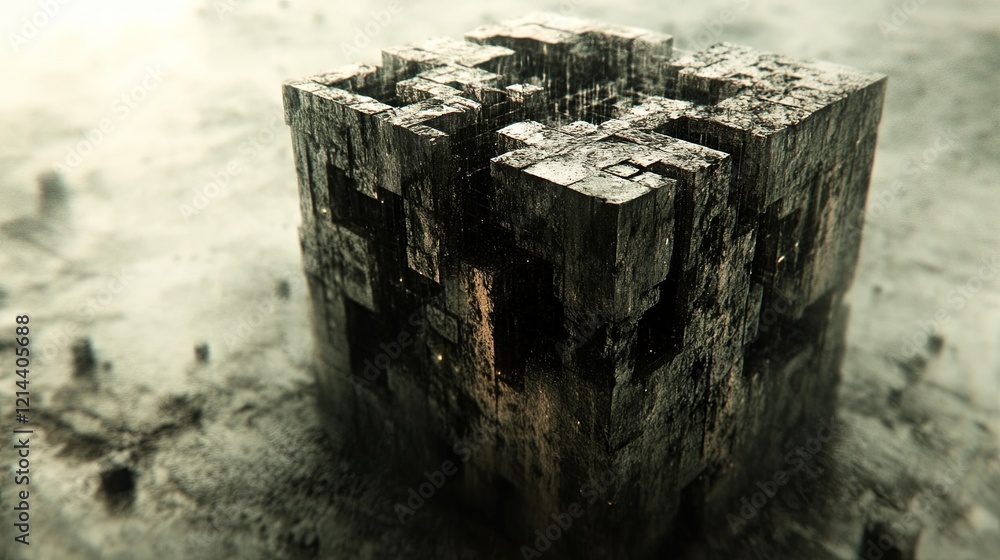 Poster mysterious and intricate structure in a desolate landscape with a foggy atmosphere at twilight. gene